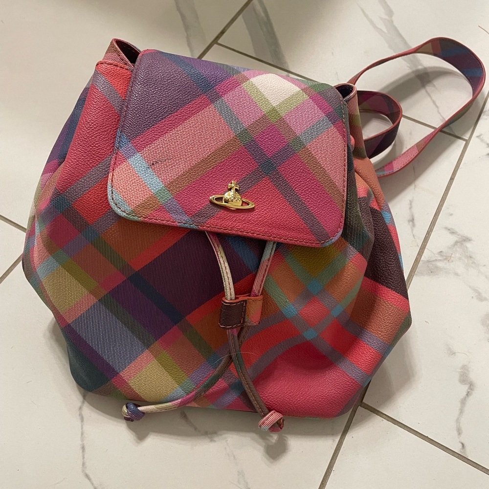 Vivienne Westwood Multi-Color Plaid Drawstring Backpack
